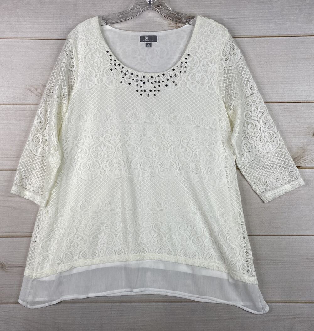 JM Collection Top Womens Sz M White Lace Studded Scoop Neck 3/4 Sleeve Stretch